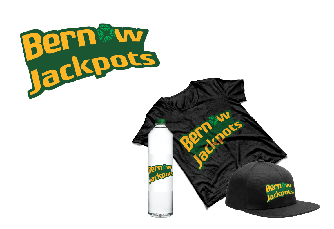 photo of green and gold Bernow Jackpots logo with t-shirt, sports cap and water bottle