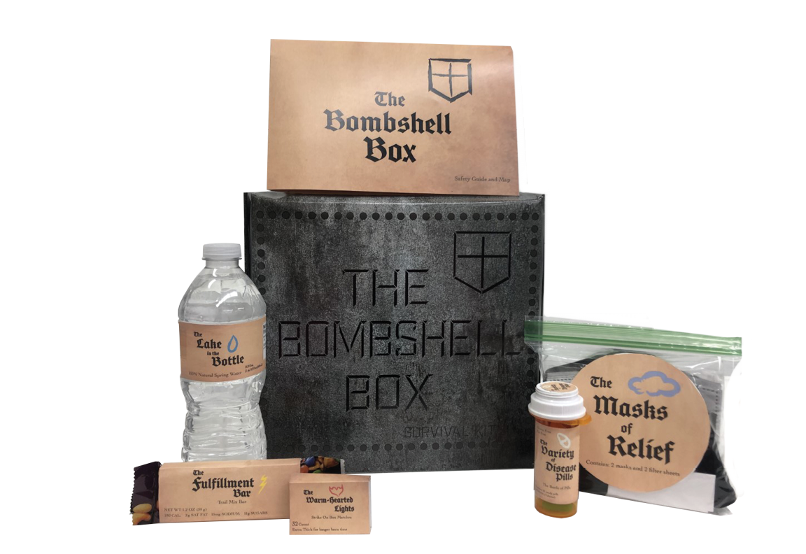 photo of box with steel image and text that reads Bomb shell Box printed on the box with a bottle of Variety of Diseases pills, water bottle that reads Lake in the bottle, bag of portable masks that reads masks of relief, trail mix bar that reads the fulfillment bar, and pack of matches that reads the warm hearted lights