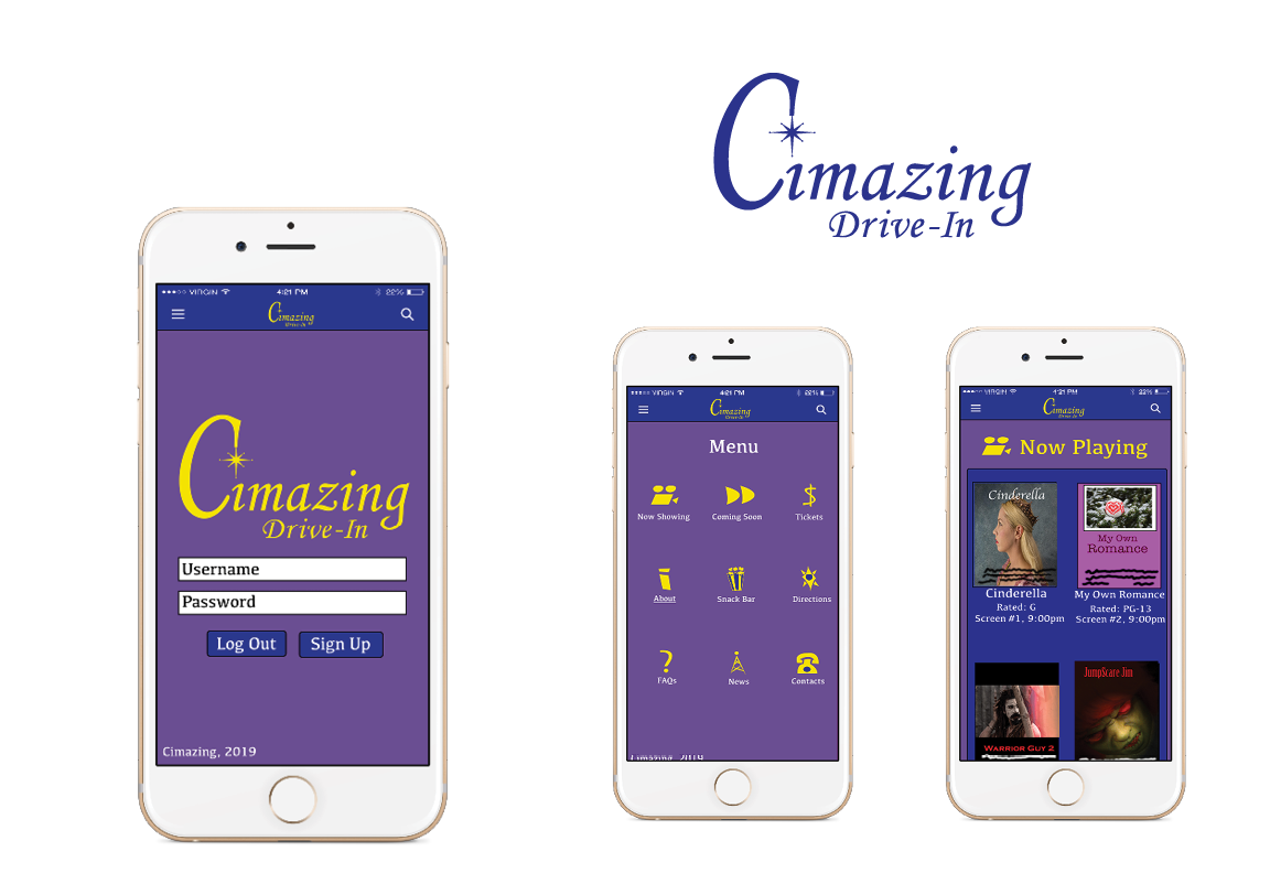 photo of Cimazing app log in page on smartphone with menu page on second smartphone and now playing page on third smart phone
