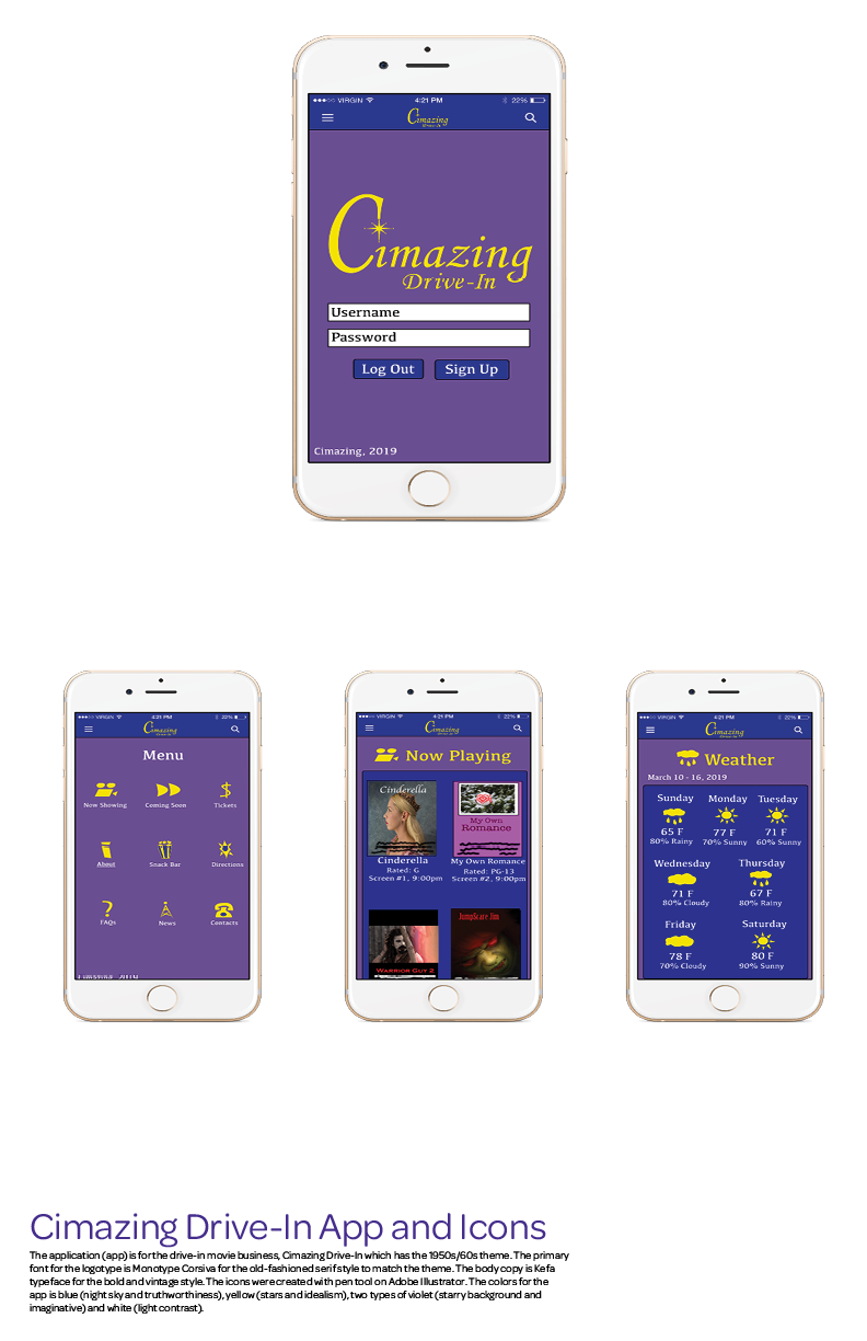 photo of Cimazing Drive-In app with username and password text box and blue buttons that reads Log in and sign up. It also includes some pages of the Cimazing Drive In app.