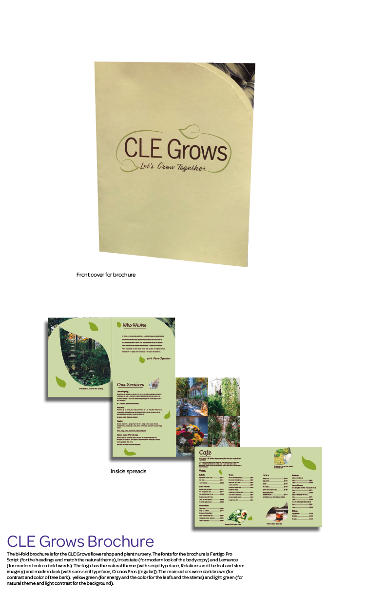 photo of C L E Grows brochure with light green background and rounded top on the cover revealing image of leafs. It also includes some pages of the brochure. 