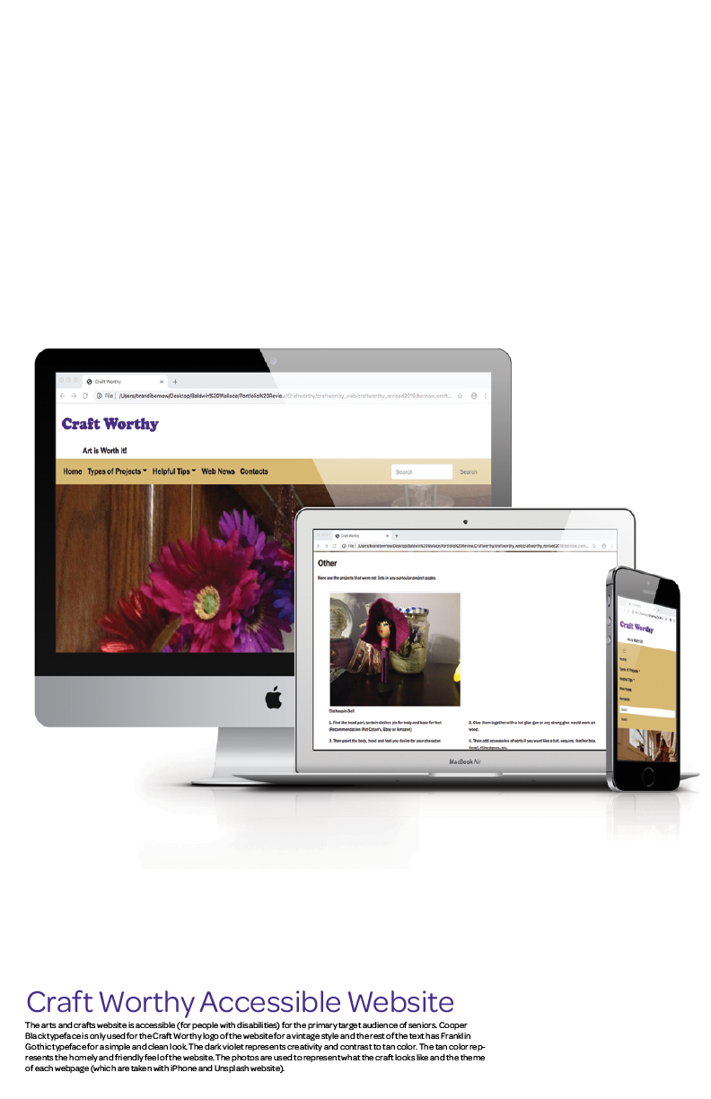 photo of computer, laptop and smart phone with images of webiste. In the computer shows a home page with a picture of flower wreath. In the laptop shows the tutorial of how to make a clothes pin doll. In the smart phone shows nagivation for each web page.