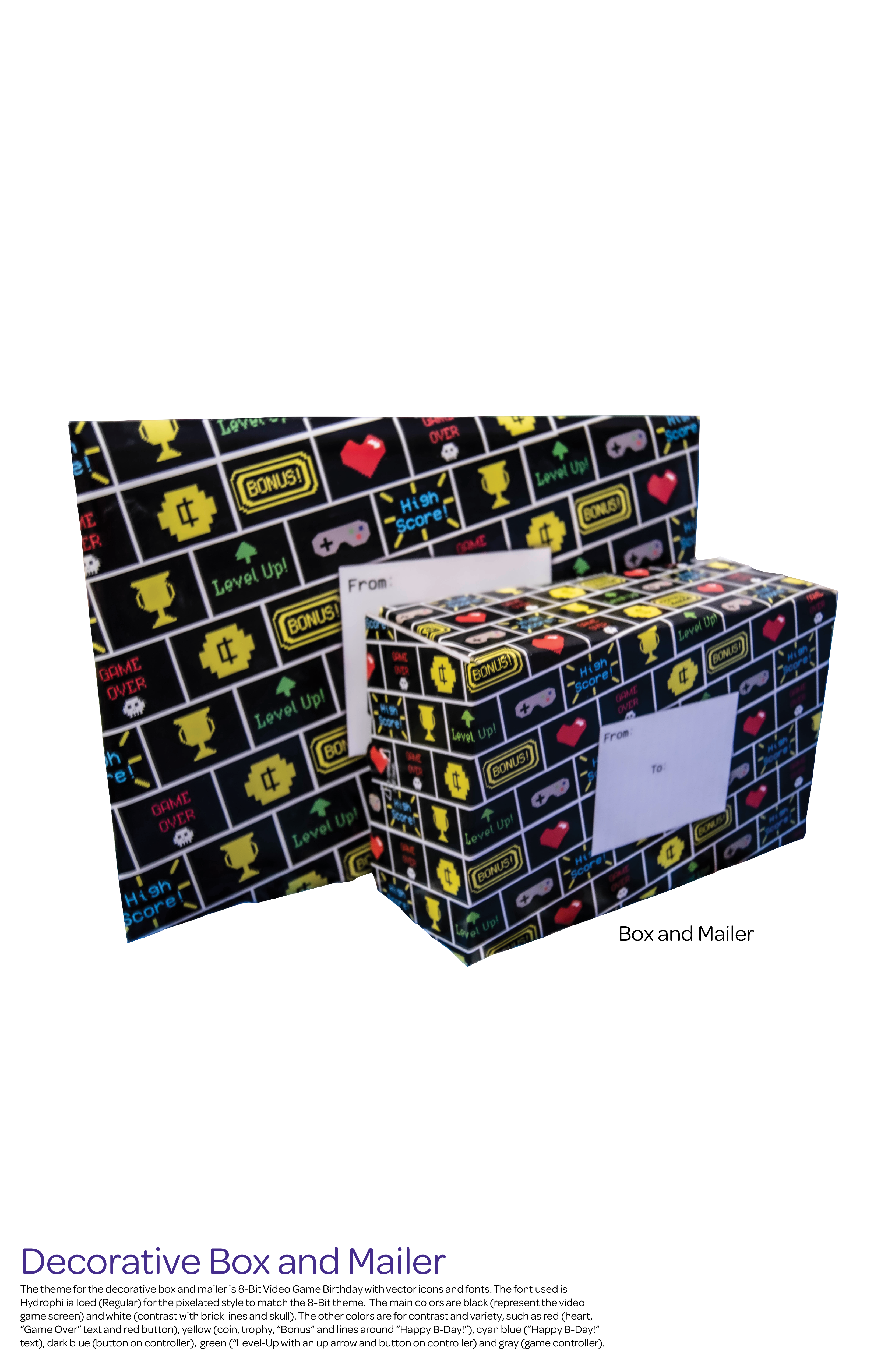a box and mailer envelope with a design of 8 bit video game patten that contains a black background, white brick lines, a grey video game controller, cyan blue text that reads Happy B-Day with yellow explosive lines around the text, yellow trophy, green text that reads Level Up with green arrow above it, red life heart, yellow text that reads Bonus, red text that reads Game Over with a white skull under the text, and yellow bit coin with a black cent sign on the coin