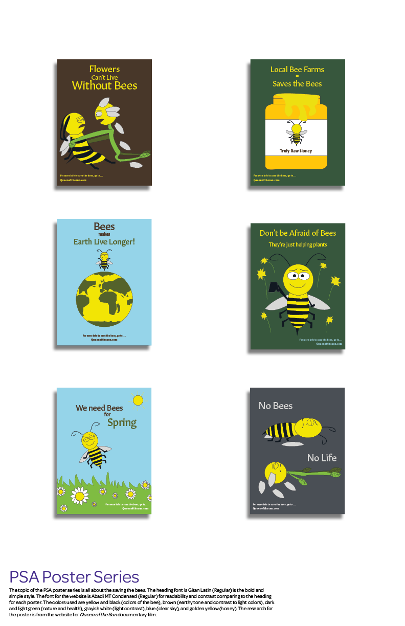six poster that relate to saving the bees. First poster is Flowers Can't Live without Bees with image of bee dying and a daisy looks worried with tears, second is local bee farms equals saves the bees with honey jar, third is don't be afraid of bees, there just helping the plants with a happy bee reaching hand, fourth is Bees makes Earth Live Longer with a bee flying above Earth, fifth is we needs bees for spring with a grinning bee flying over a bed of flowers, and sixth is no bees, no life with bee and flower dying