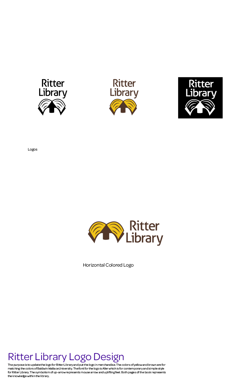 three versions of Ritter Library logo with text Ritter Library, mouse arrow pointing up and book open. For the three logos, first is black and white version, second is colored version with brown arrow, brown text and yellow and brown book, and reversed black and white. The merchadise includes tote bag, and a t shirt. The stationaery includes letterhead, business card and envelope