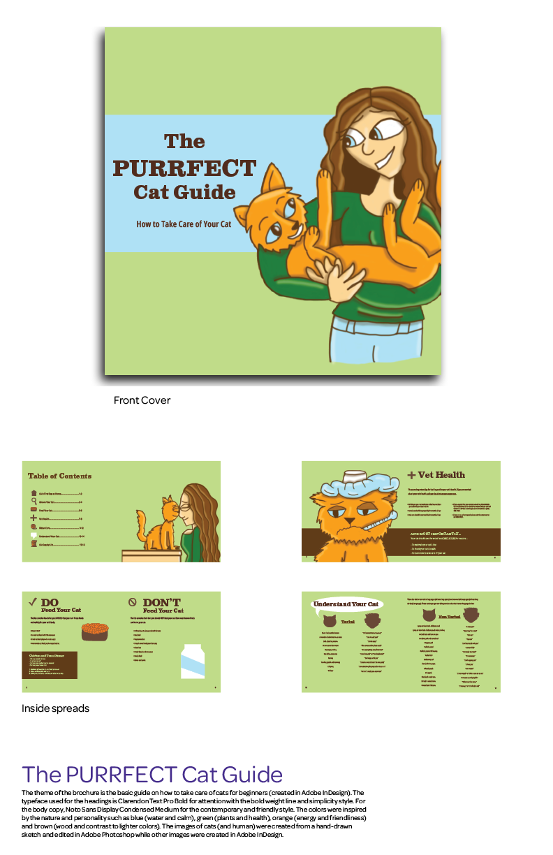 photo of the brochure with woman with brown hair, green sweater and light blue jeansp. She is holding a orange cat with blue eyes. The text reads The Purr fect Cat Guide. How to take care your cat. It also includes some pages of the brochure.